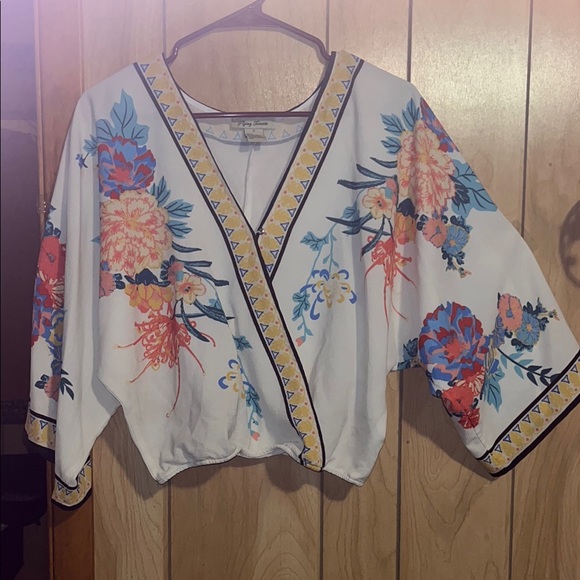 Flying Tomato Tops - Flying Tomato Cream Wrap Blouse 3/4 Sleeve Cropped